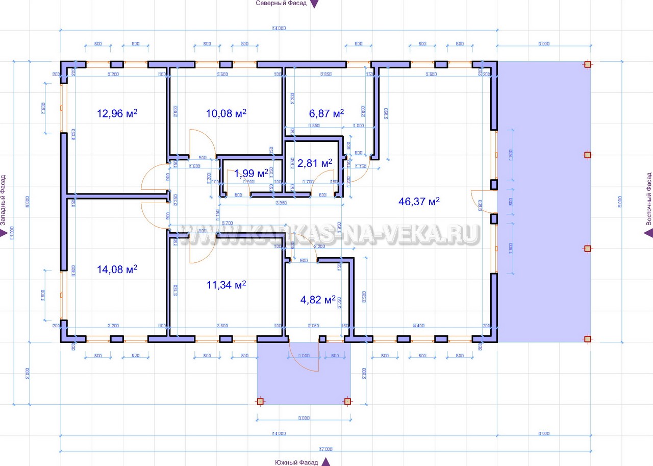 Проект каркасного одноэтажного дома 9х14 с 4 спальнями